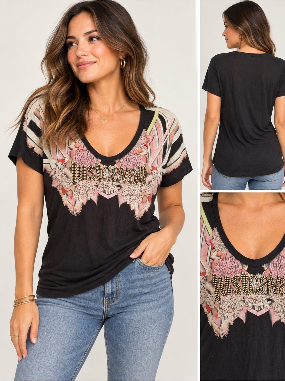 Y2K Just Cavalli Black Graphic Studded V-Neck T-Shirt Women’s Size M
